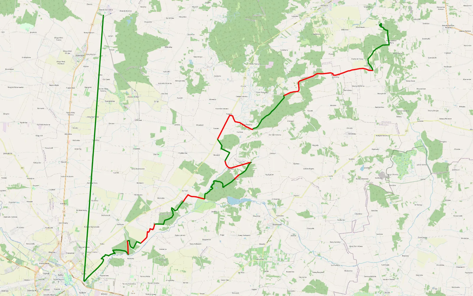 Mapa trasy Zbiersk - 48.5 km trasy offroad, Powiat Kaliski