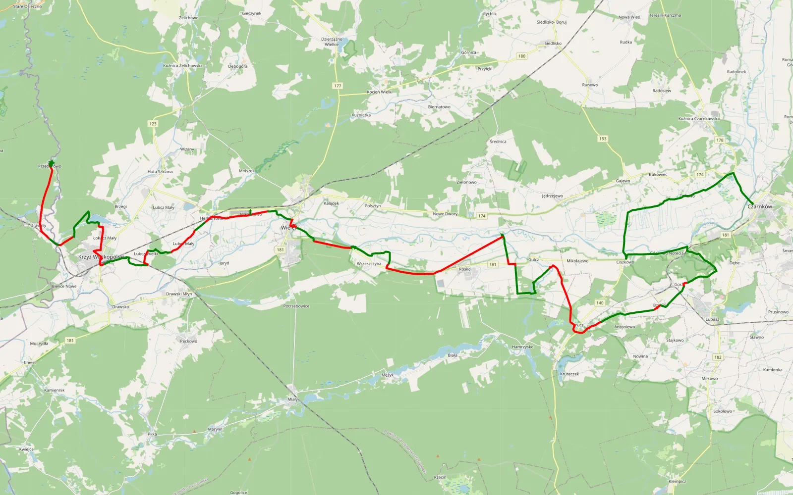 Mapa trasy Czarnków - Przeborowo - 66.7 km trasy offroad, Powiat Czarnkowsko-trzcianecki