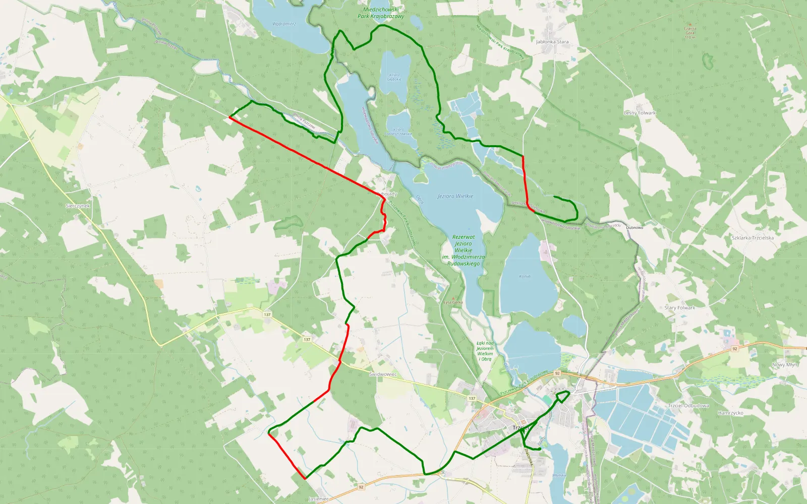 Mapa trasy Jabłonka Stara - Trzciel - 22 km trasy offroad, Powiat Międzyrzecki