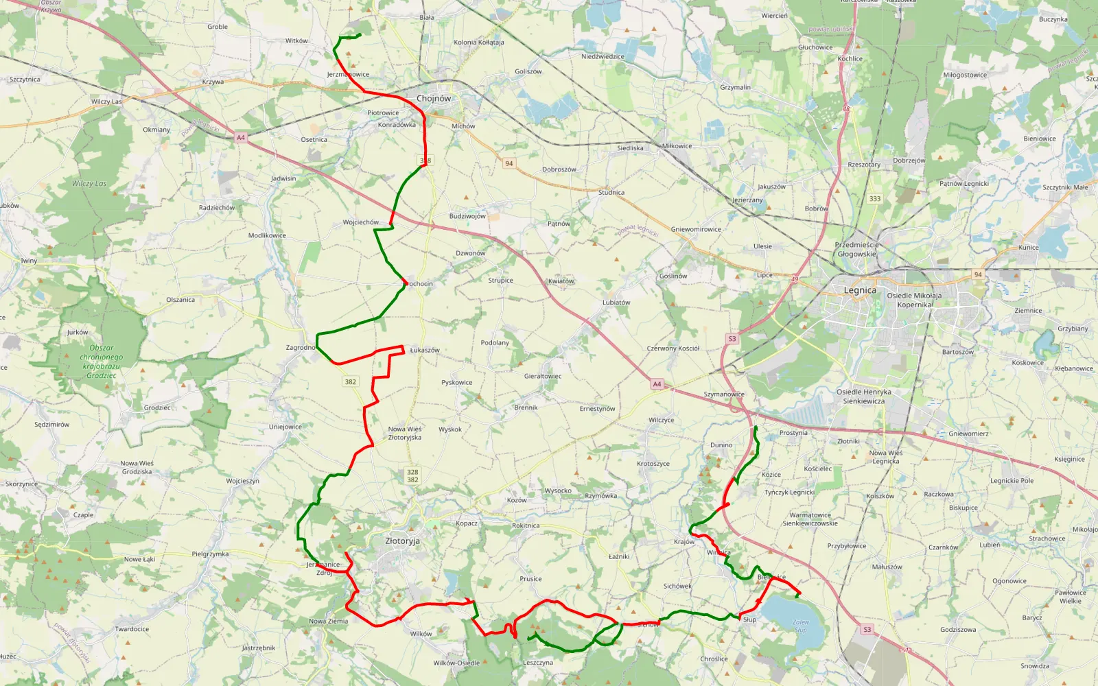 Map of Lasek- Chojnów piaskownia - 81.2 km offroad trail, Złotoryja County