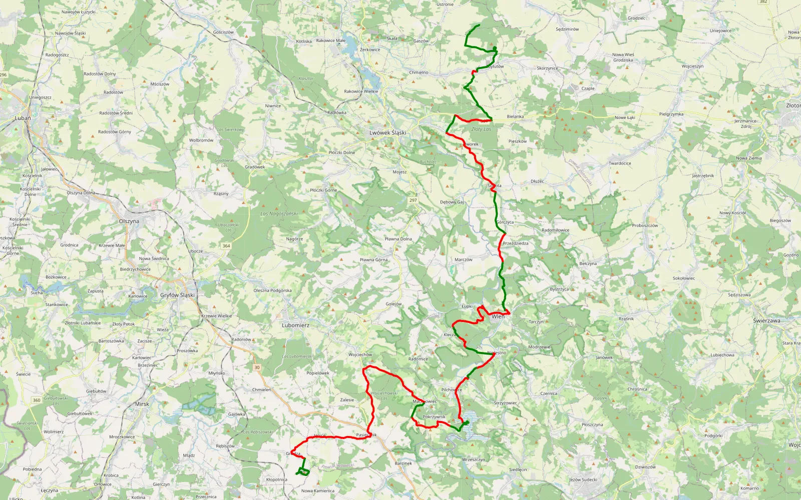Mapa trasy Ustronie - Grudza - 64.6 km trasy offroad, Powiat Lwówecki