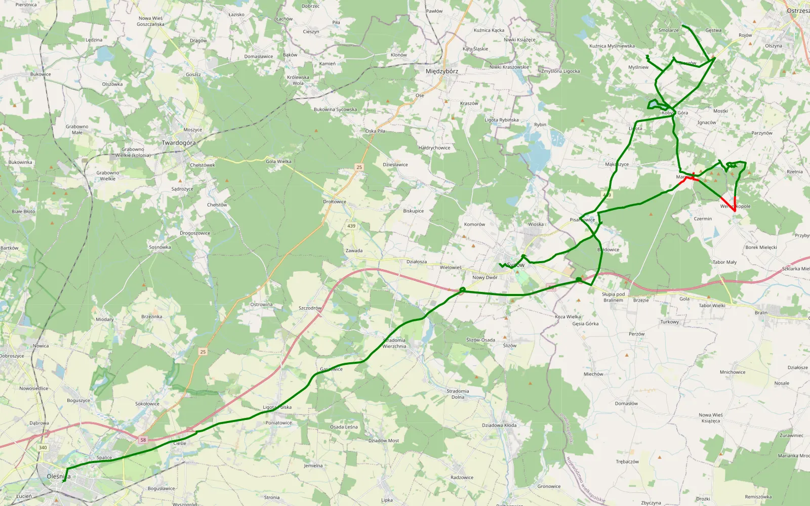Mapa trasy Syców - Oleśnica - 20.9 km trasy offroad, Powiat Ostrzeszowski
