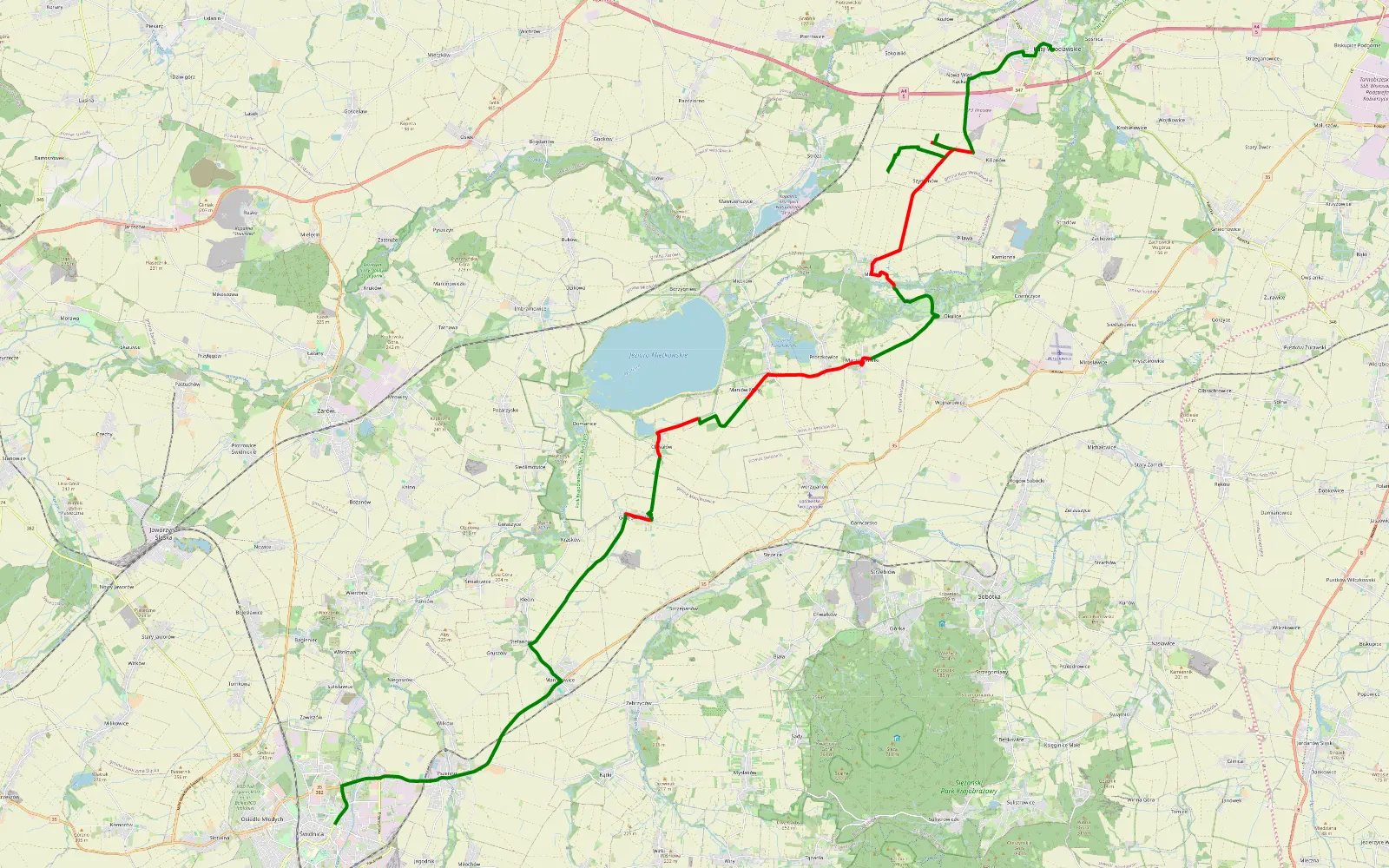Mapa trasy Kąty Wrocławskie - Świdnica - 32.2 km trasy offroad, Powiat Wrocławski