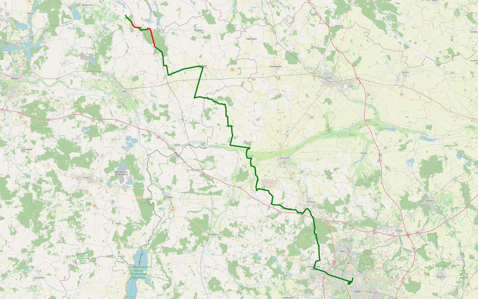 Mapa trasy Zakrzewo - Bałuty Centrum - 17.1 km trasy offroad, Powiat Kolski