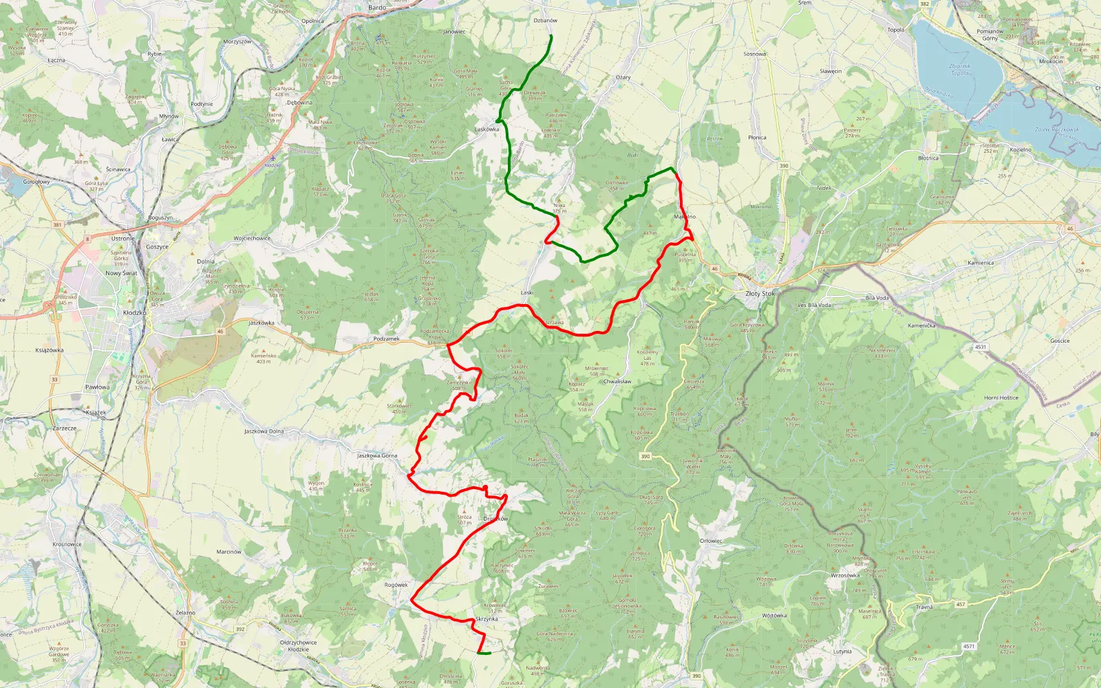 Mapa trasy Skrzynka - Dzbanow - 35 km trasy offroad, Powiat Ząbkowicki