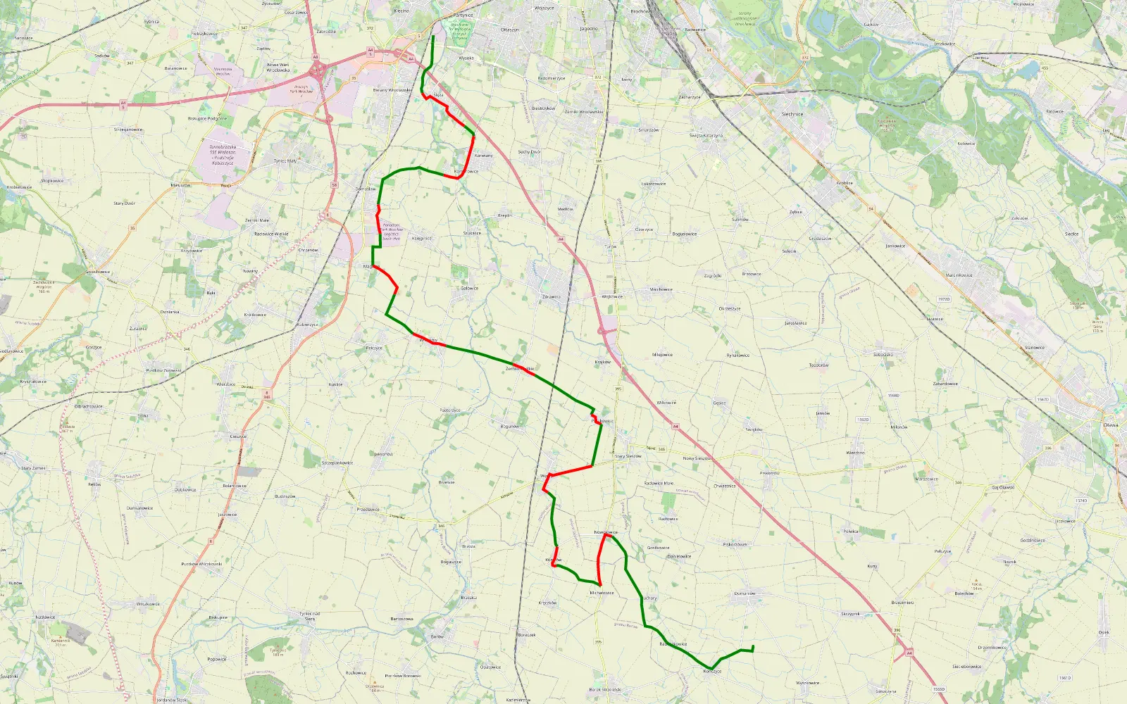 Mapa trasy Klecina - Strzelnicadomaniów - 34.9 km trasy offroad, Powiat Wrocławski