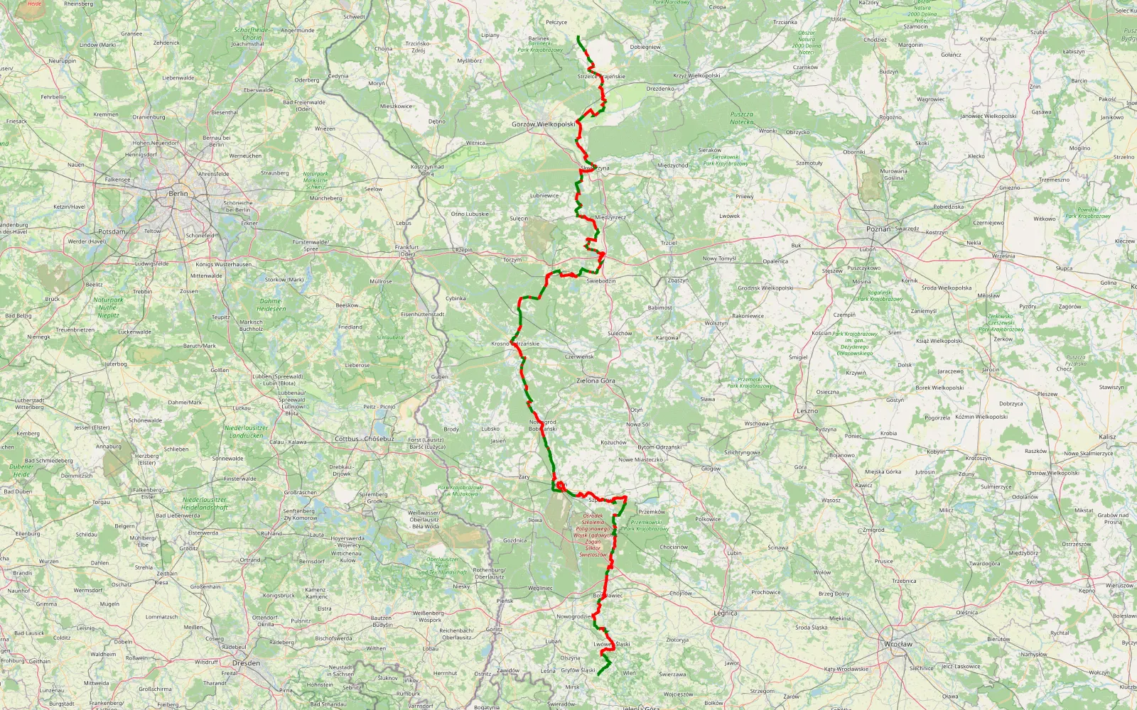 Map of TET PL-05 20230530 - 371.4 km offroad trail, Żagań County