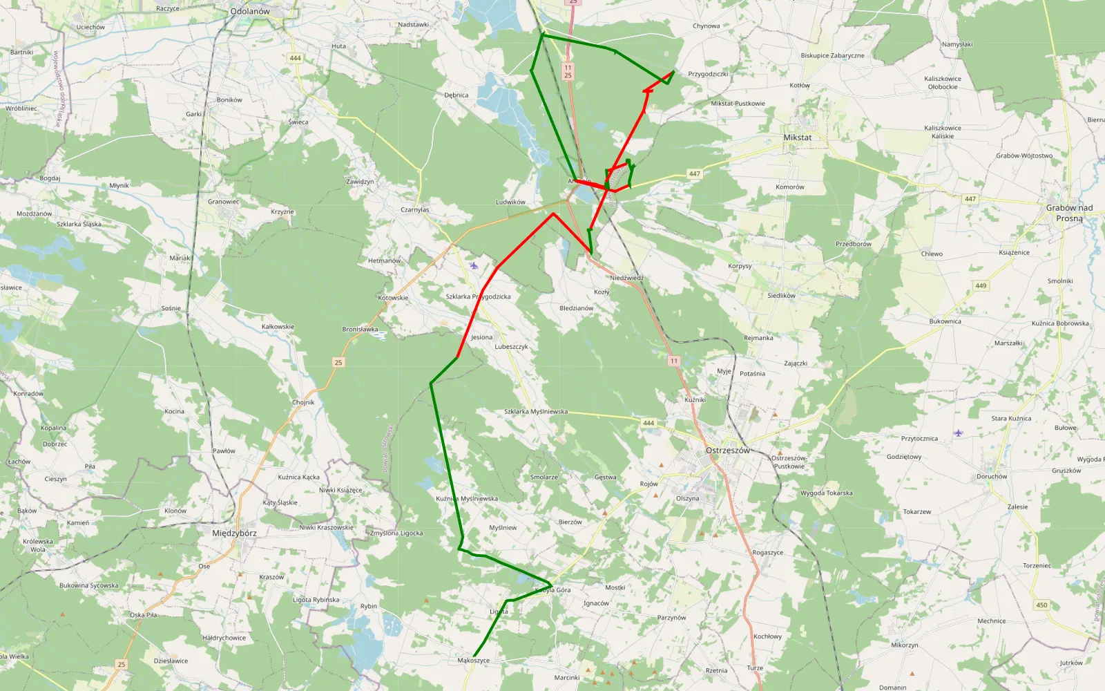 Map of Mąkoszyce - Antonin - 25.9 km offroad trail, Ostrów Wielkopolski County