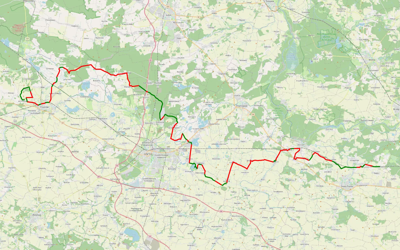 Mapa trasy Trasa Chojnów Vegas - 94.1 km trasy offroad, Powiat Legnicki