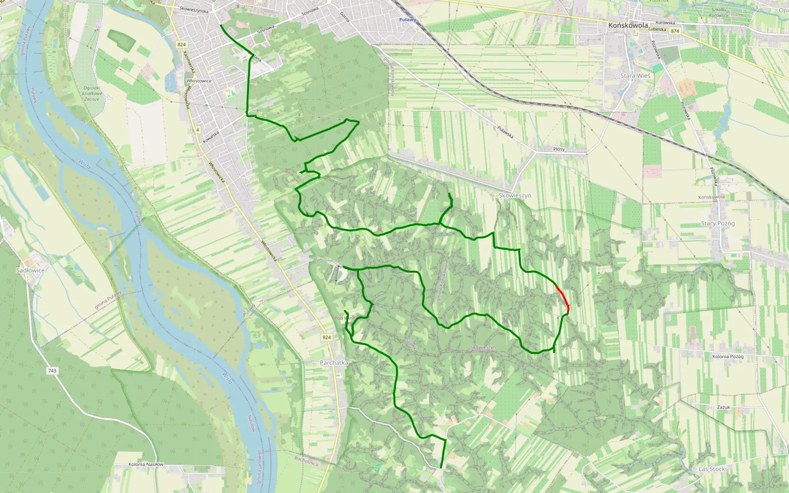 Mapa trasy Puławy - Zbędowice - 17.6 km trasy offroad, Powiat Puławski