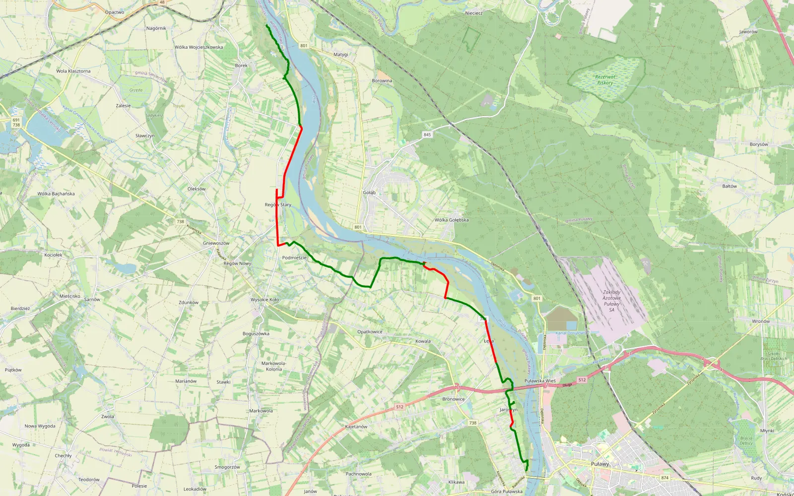 Mapa trasy Góra Puławska - Borowa (dęblin) - 21.9 km trasy offroad, Powiat Puławski