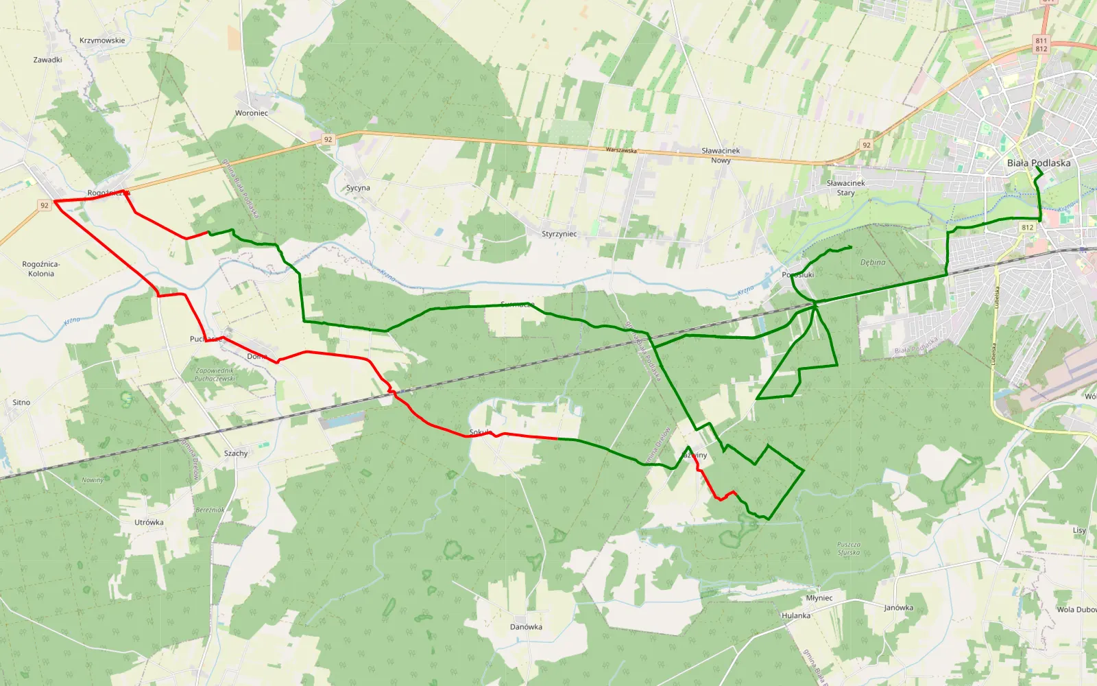 Map of Sławacinek - Biała Podlaska - 42.6 km offroad trail, Biała Podlaska County