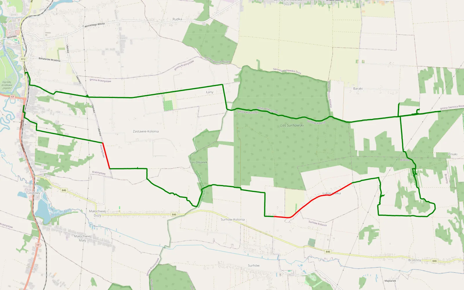 Map of Krasnystaw okolice - 24.7 km offroad trail, Krasnystaw County