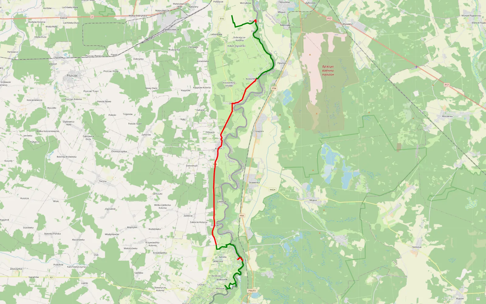 Map of Kobylany - Tarasiuki 11listopada — 45.1 km offroad trail, Biała Podlaska County