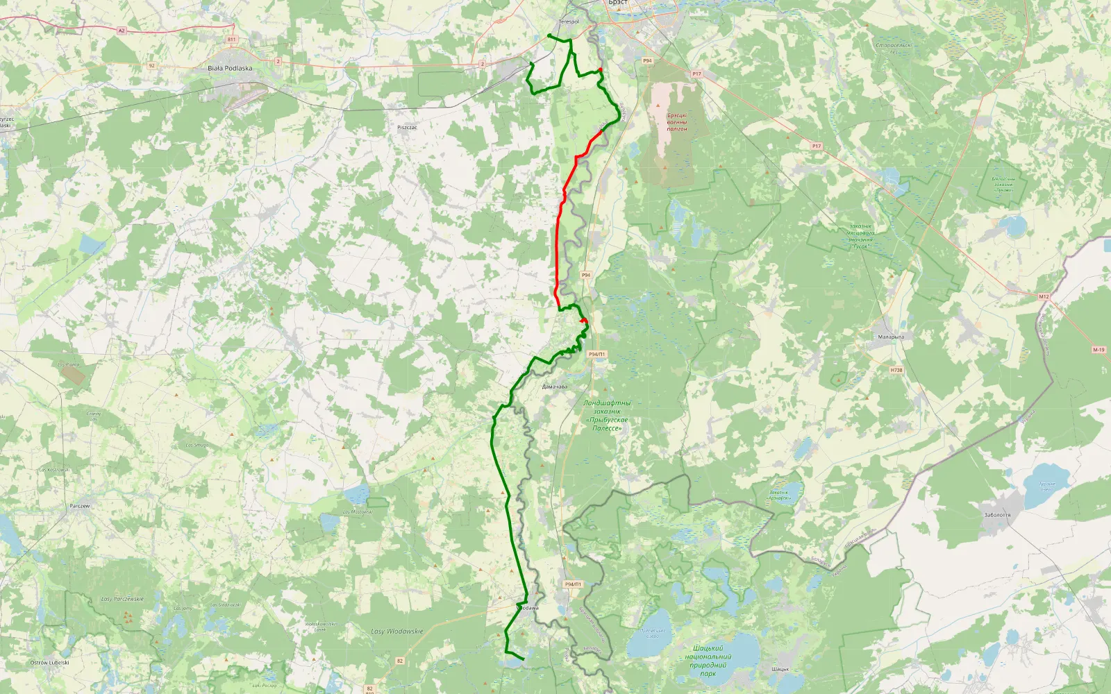 Mapa trasy Kobylany - Tarasiuki 11listopada - 46 km trasy offroad, Powiat Bialski