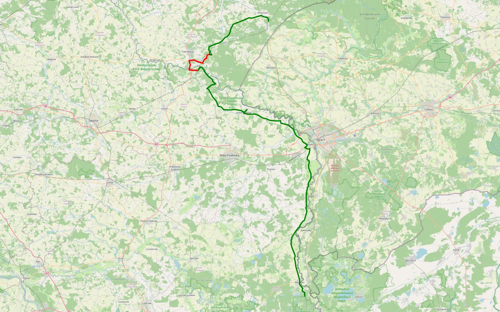 Mapa trasy Tarasiuki - Kuzowa - 25 km trasy offroad, Powiat Siemiatycki