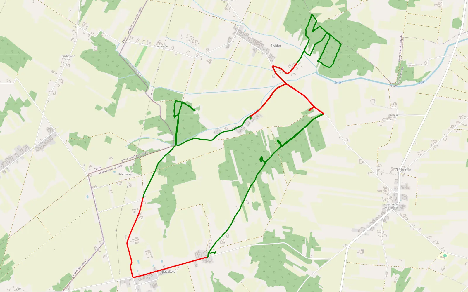 Map of Świder i okolice - 16.9 km offroad trail, Łuków County