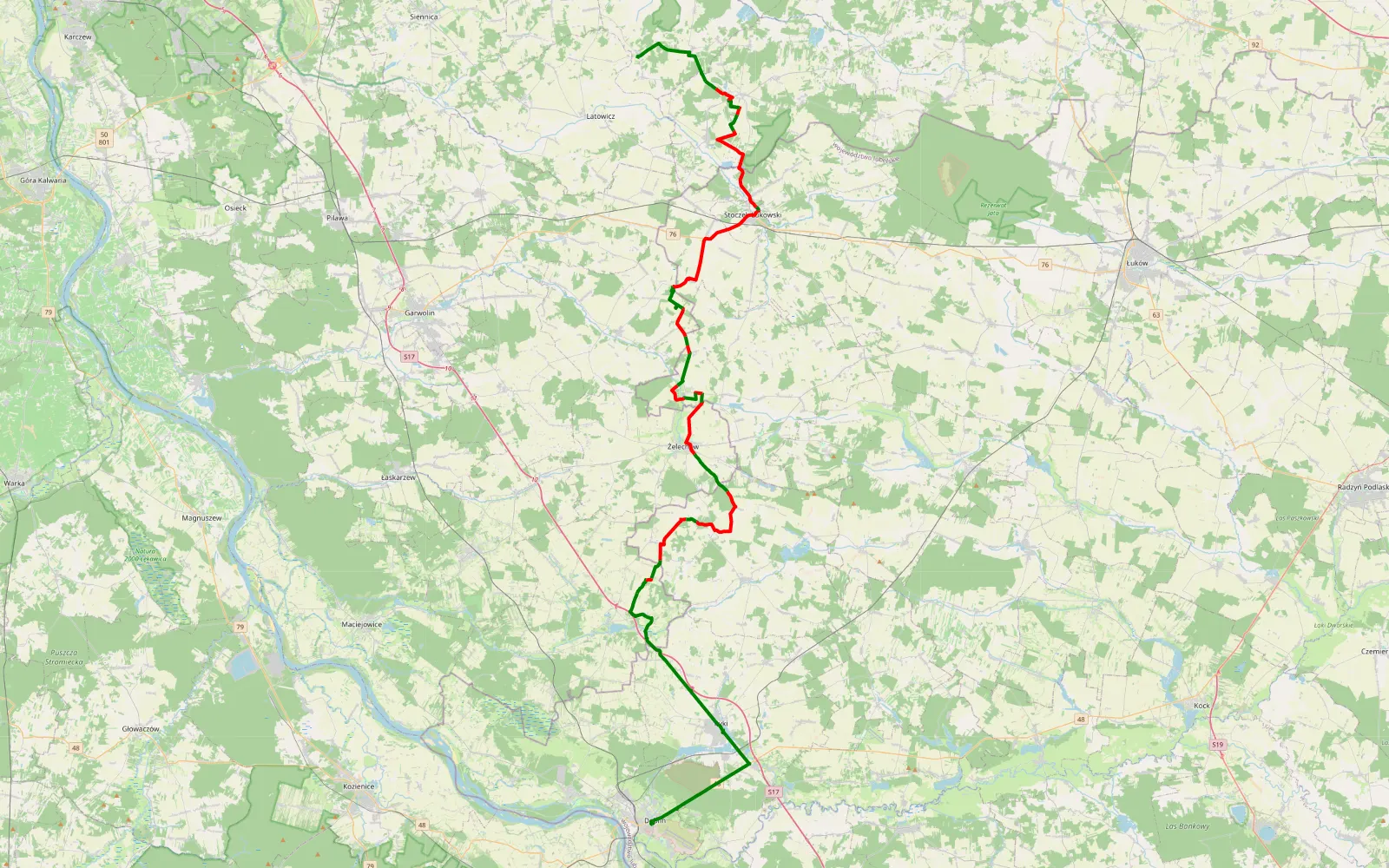 Map of Dęblin- Jeruzal (wilkowyje) - 60.7 km offroad trail, Łuków County