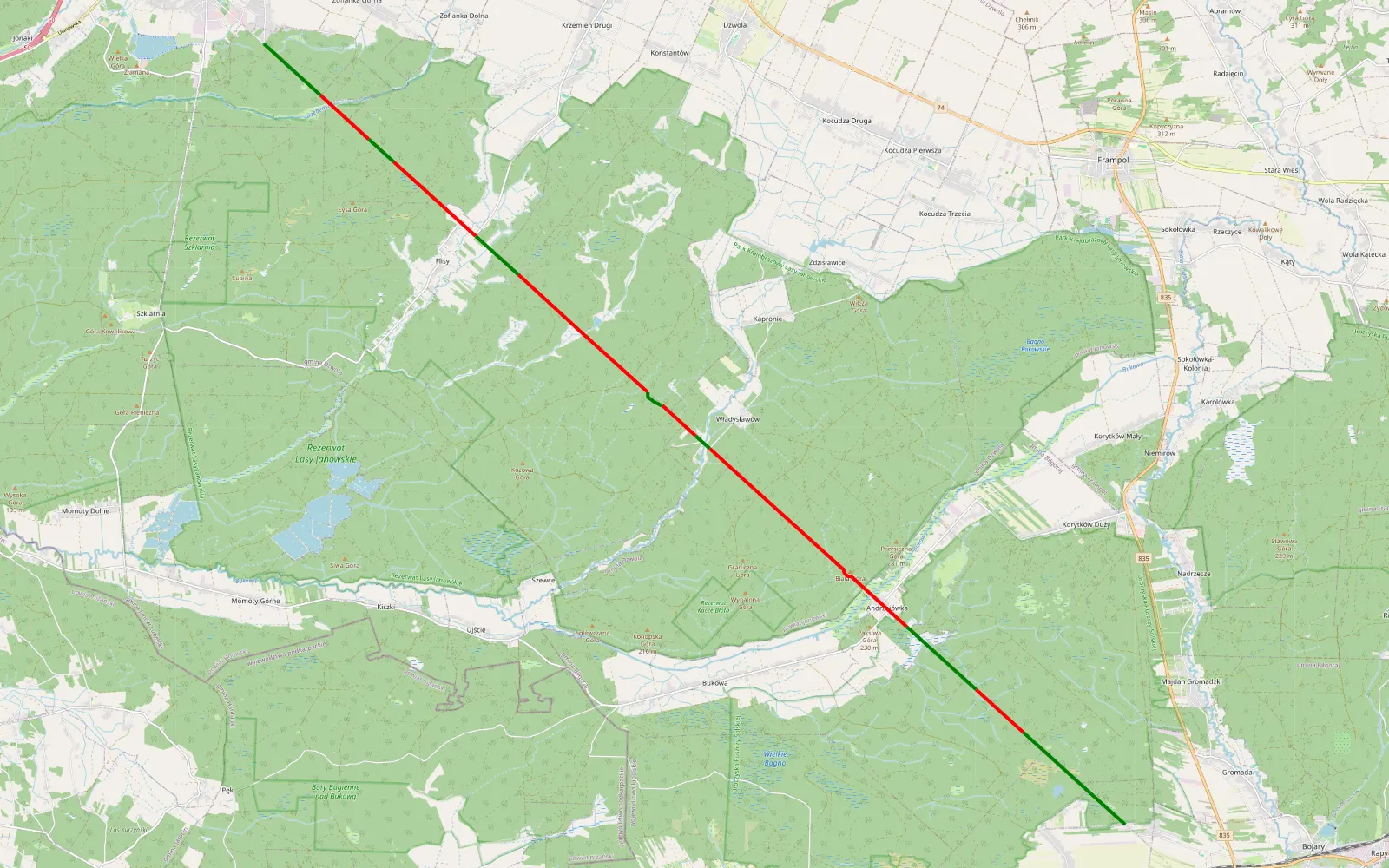 Mapa trasy Trakt Janowski – Gościniec Biłgorajski - 22.6 km trasy offroad, Powiat Janowski