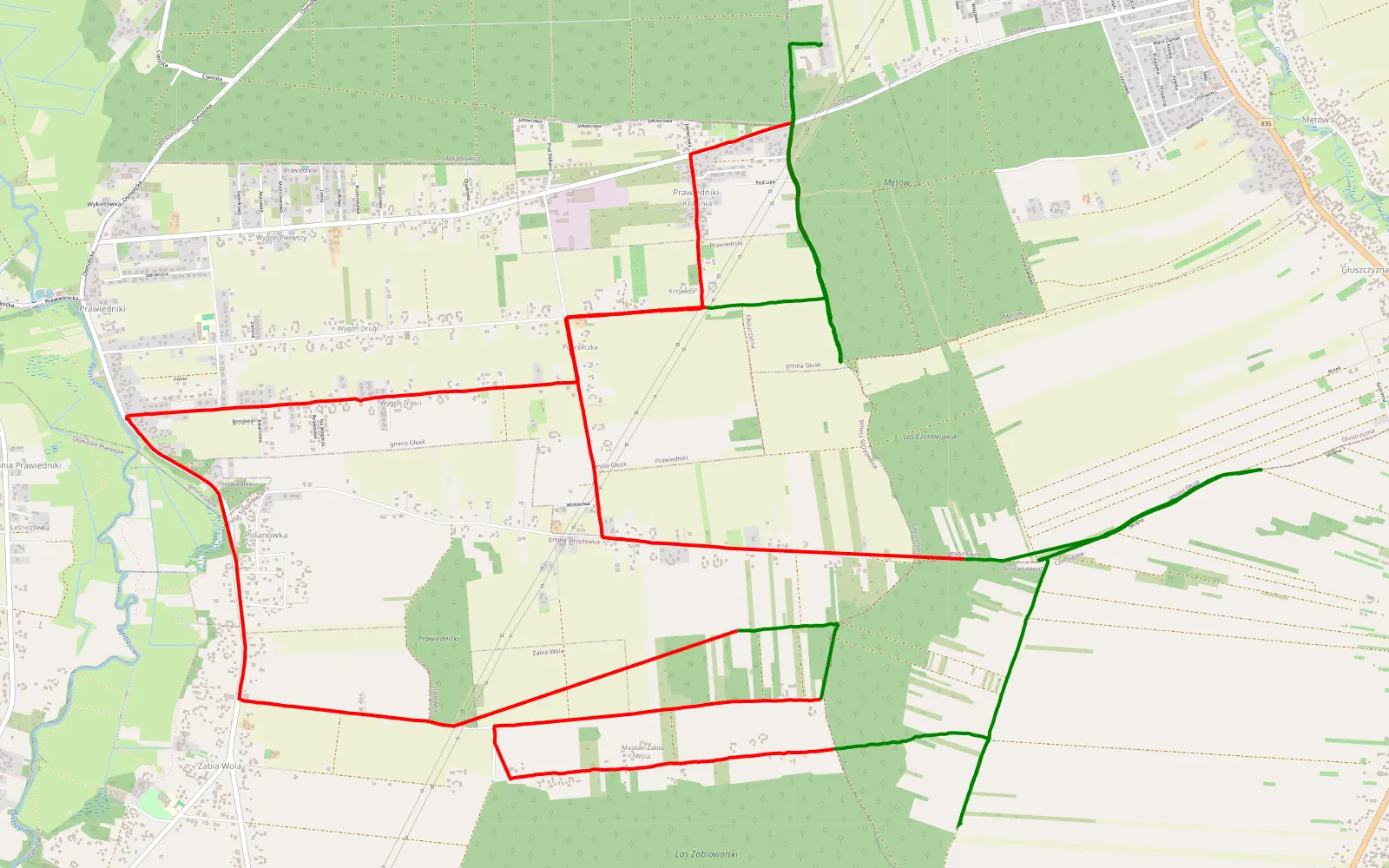 Mapa trasy Kolonia Prawiedniki - 25.1 km trasy offroad, Powiat Lubelski