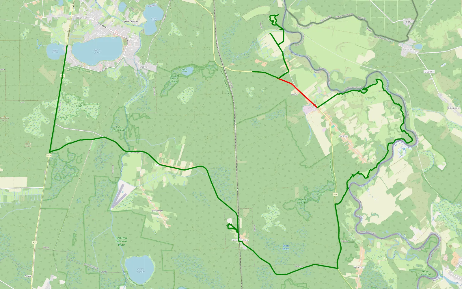 Map of Okuninka - Sobibór - 17.8 km offroad trail, Włodawa County