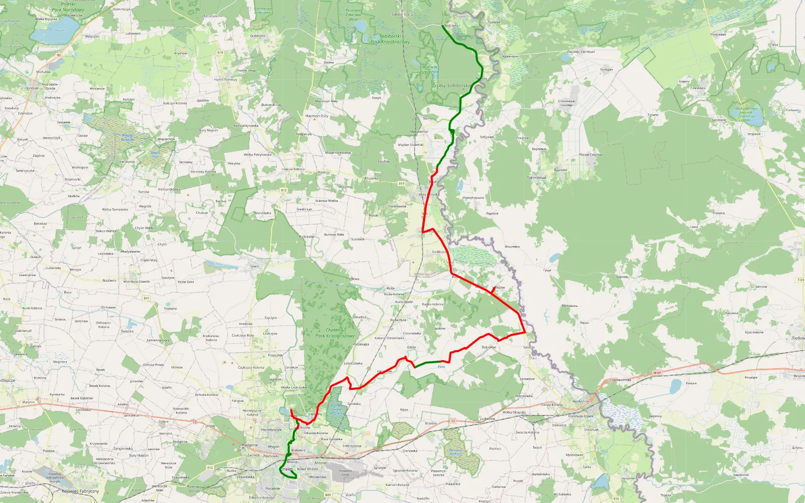 Mapa trasy Chełm - Wołczyny - 50.7 km trasy offroad, Powiat Chełmski