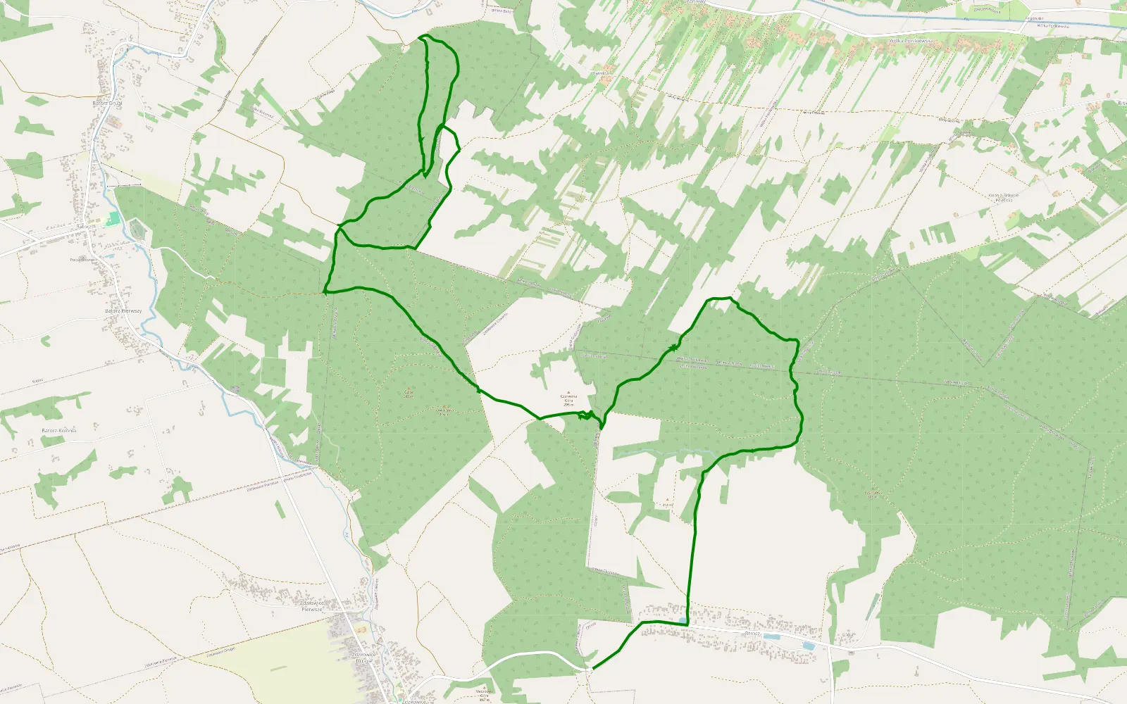Mapa trasy Trasa 4x4 Lasy w okolicy Batorza - 15.6 km trasy offroad, Powiat Janowski