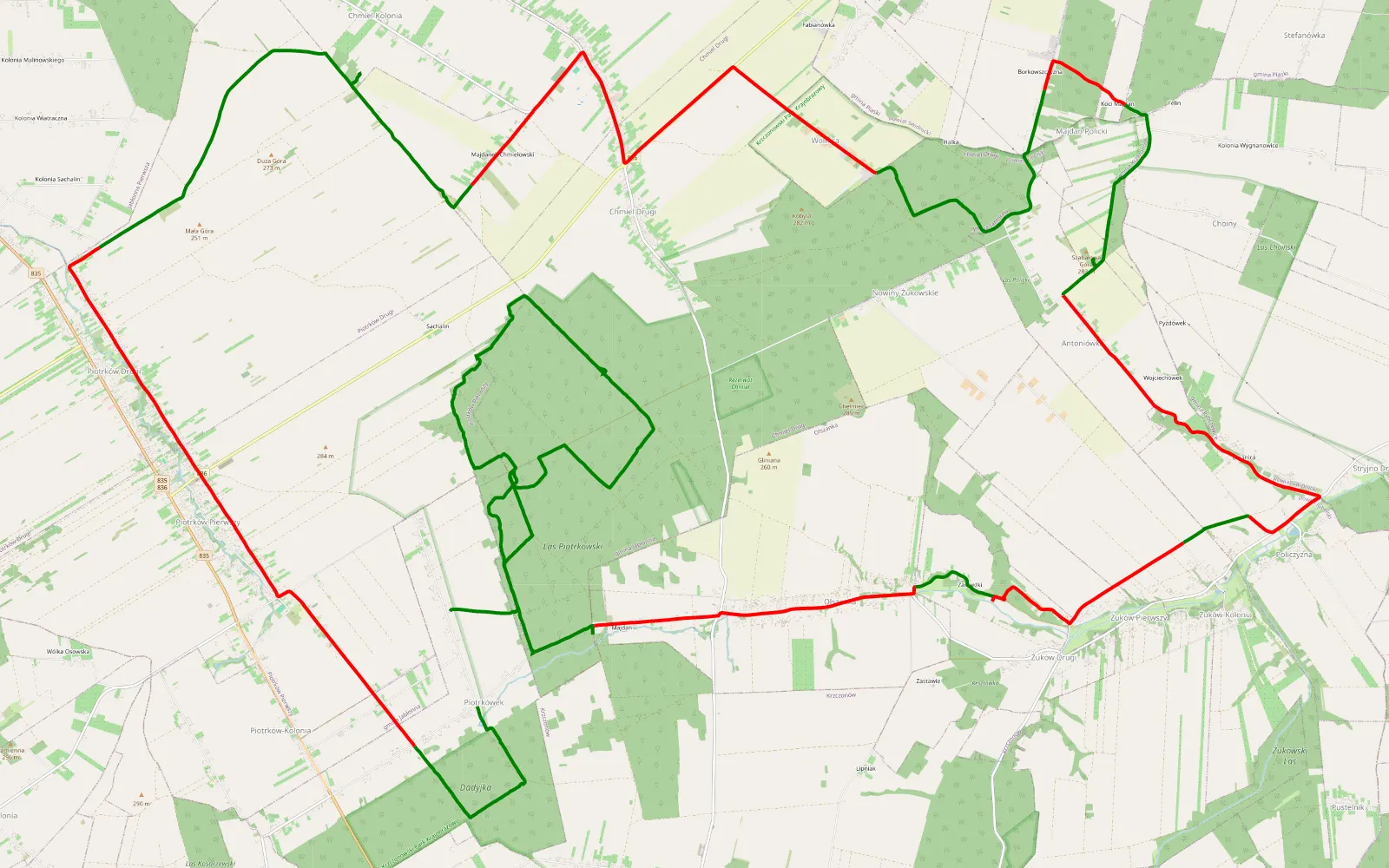 Mapa trasy Piotrkówek - Majdan Piotrków - 53.6 km trasy offroad, Powiat Lubelski