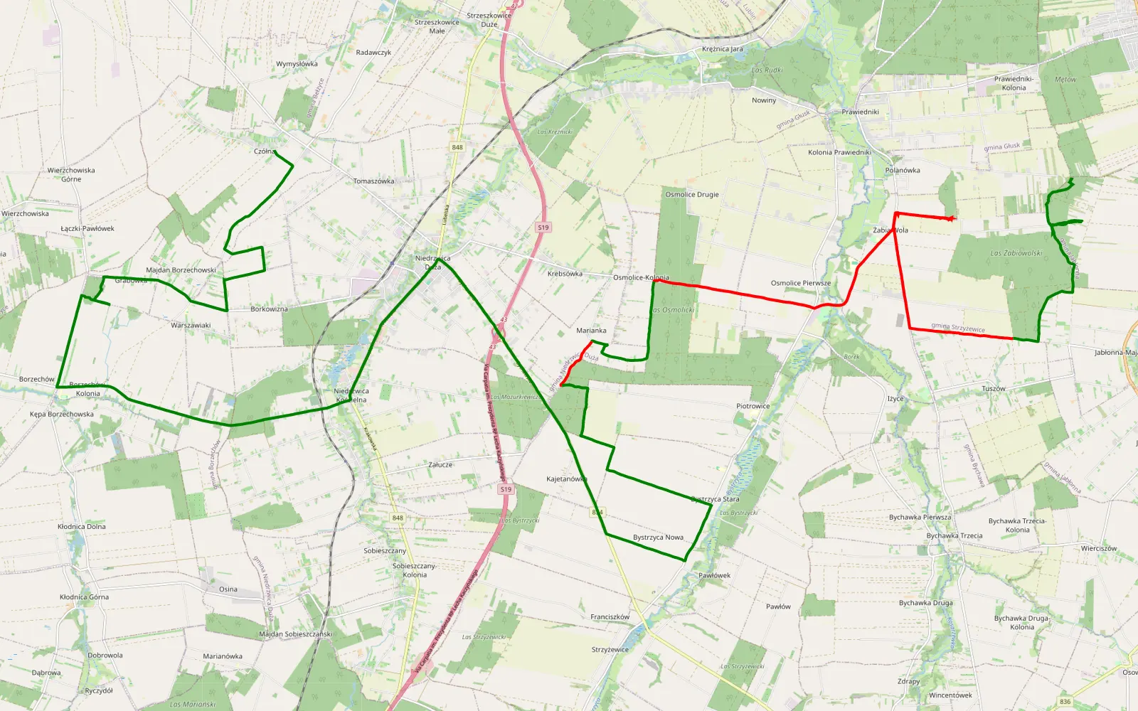 Mapa trasy Kolonia Prawiedniki - Czołna - 26.9 km trasy offroad, Powiat Lubelski