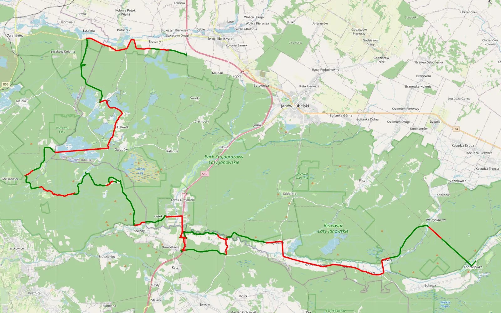 Mapa trasy Trasa offroad 93.2 km, Powiat Janowski - 93.2 km trasy offroad, Powiat Janowski