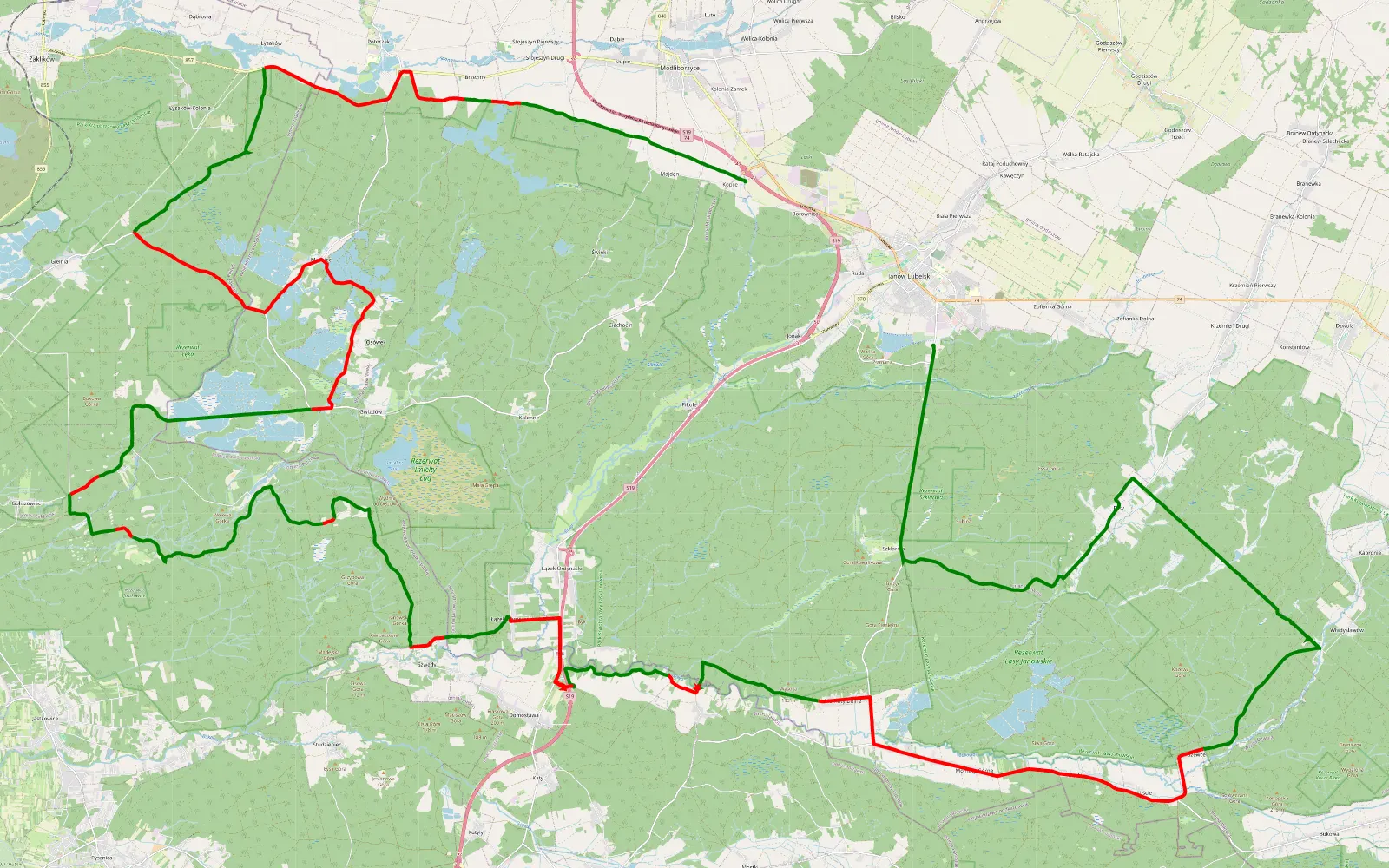 Mapa trasy Tomek - 89.4 km trasy offroad, Powiat Janowski