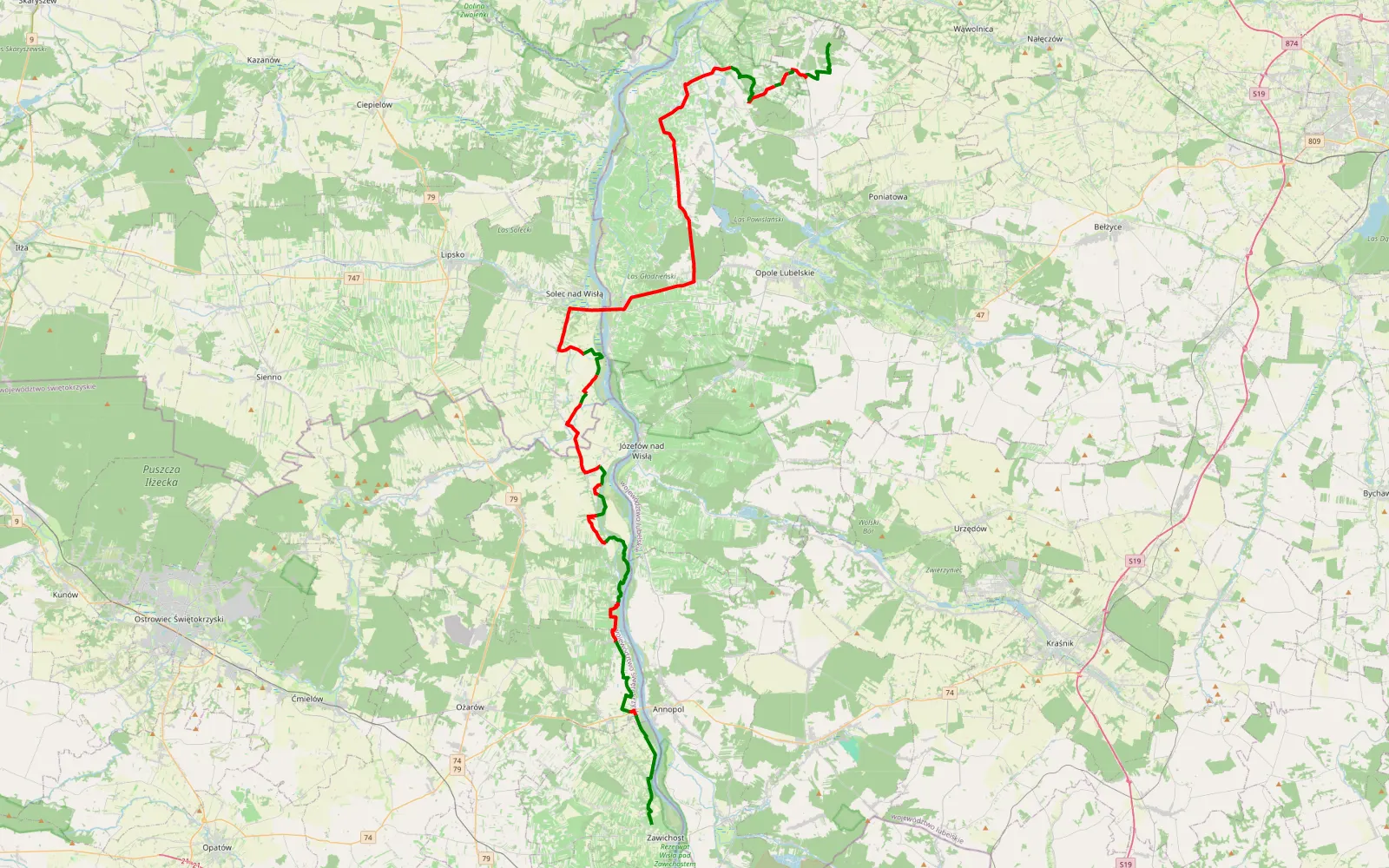 Map of Kolonia Słotwiny - Trójca - 86.7 km offroad trail, Opole Lubelskie County