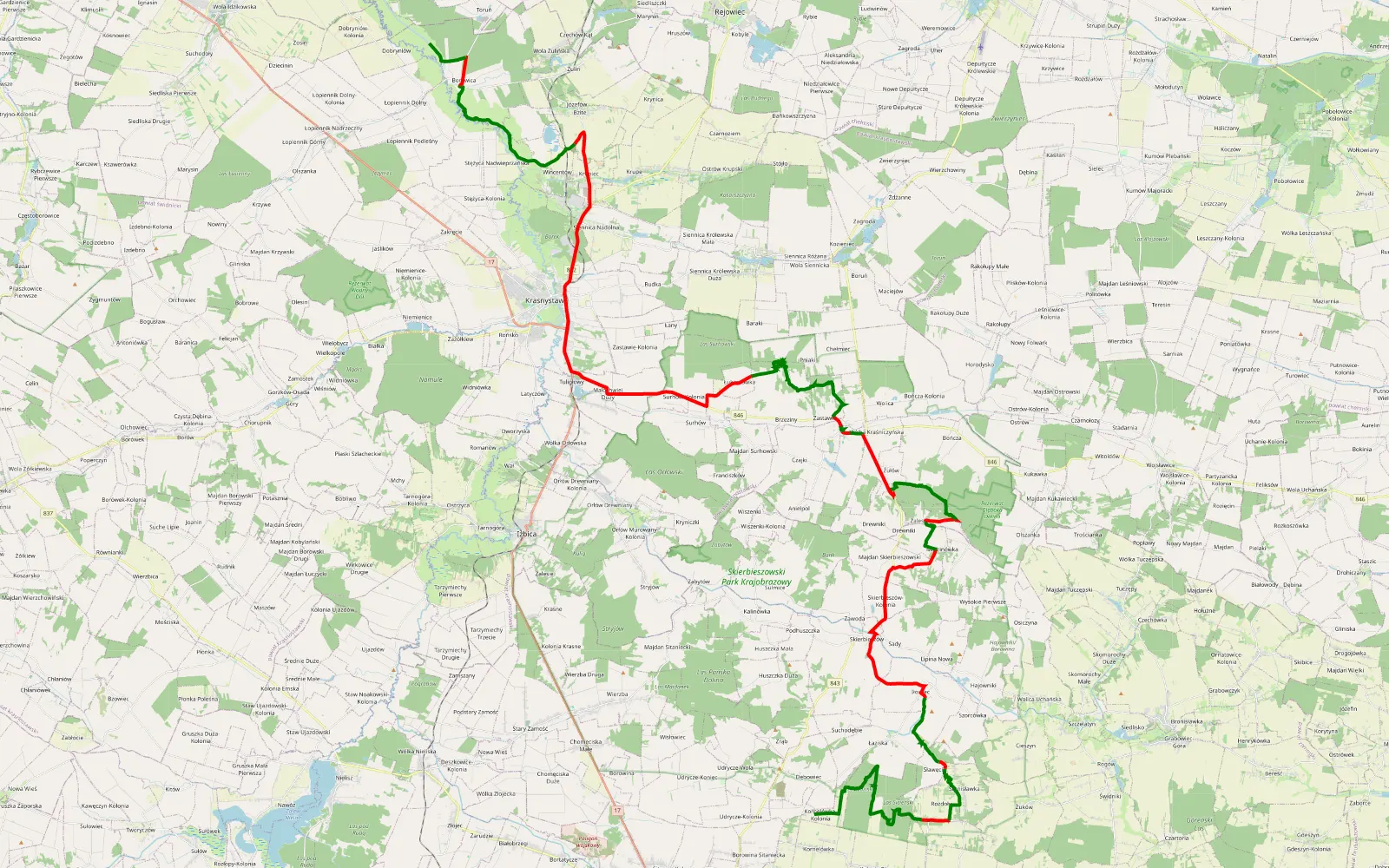 Map of Kornelówka - Dobryniów - 83.6 km offroad trail, Krasnystaw County