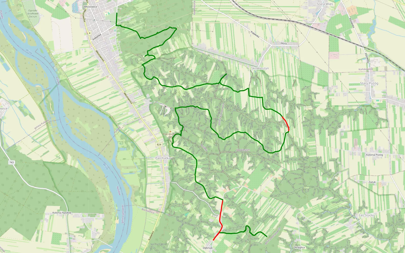 Mapa trasy Włostowice - Zbędowice - 20.1 km trasy offroad, Powiat Puławski