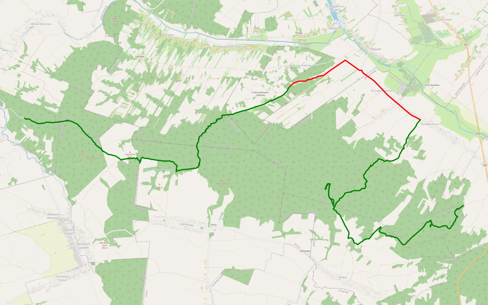 Mapa trasy Tarnawa - Batorz Pierwszy - 27.5 km trasy offroad, Powiat Biłgorajski