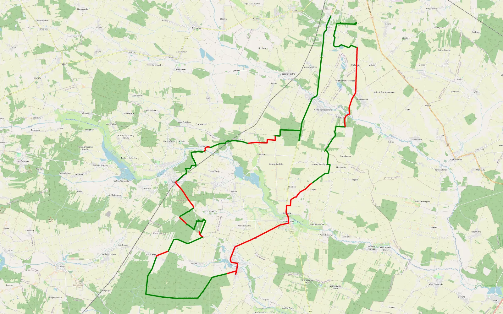 Mapa trasy Łuków Adamów - 61.3 km trasy offroad, Powiat Łukowski