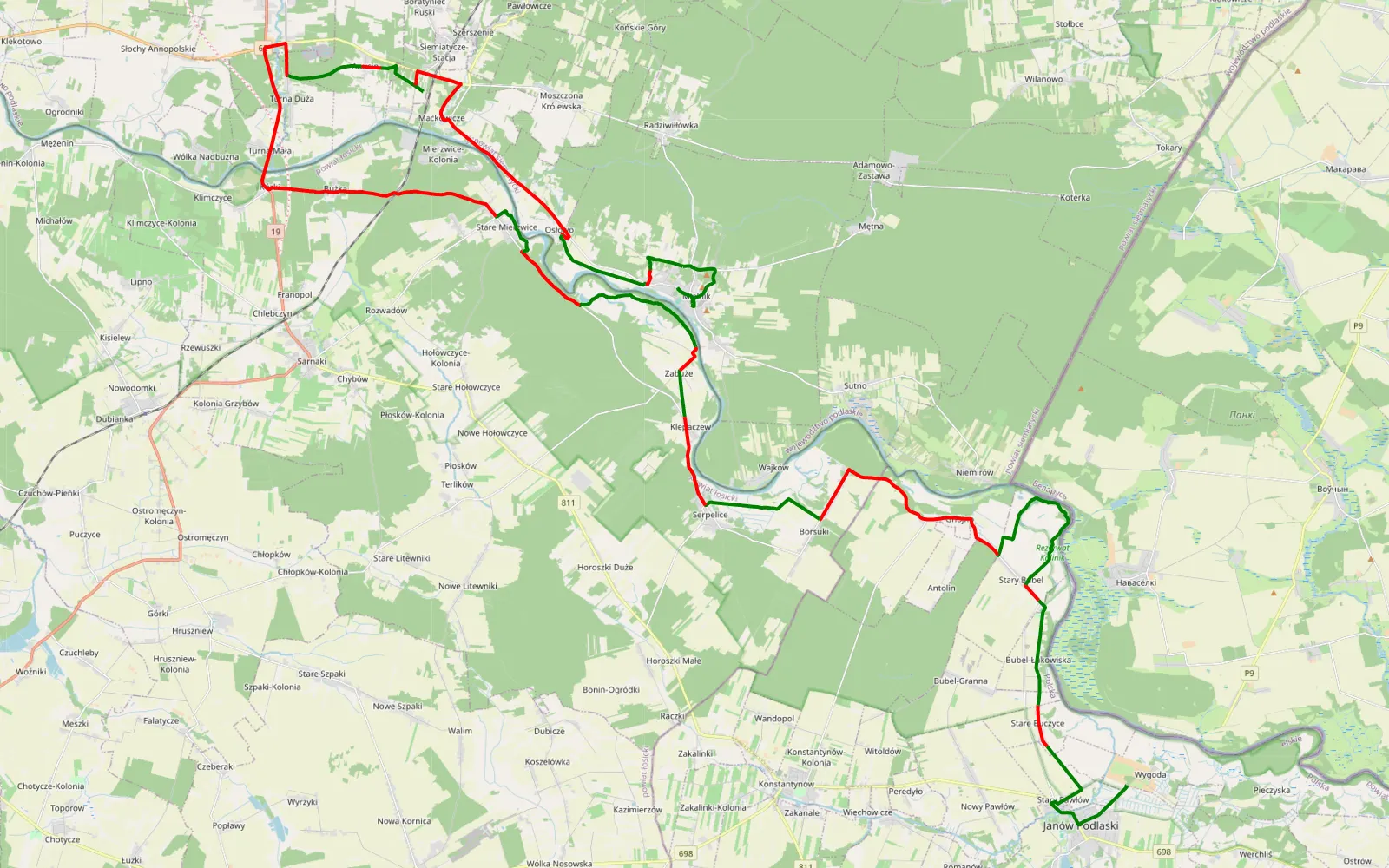 Mapa trasy Polska B I - 65.9 km trasy offroad, Powiat Łosicki