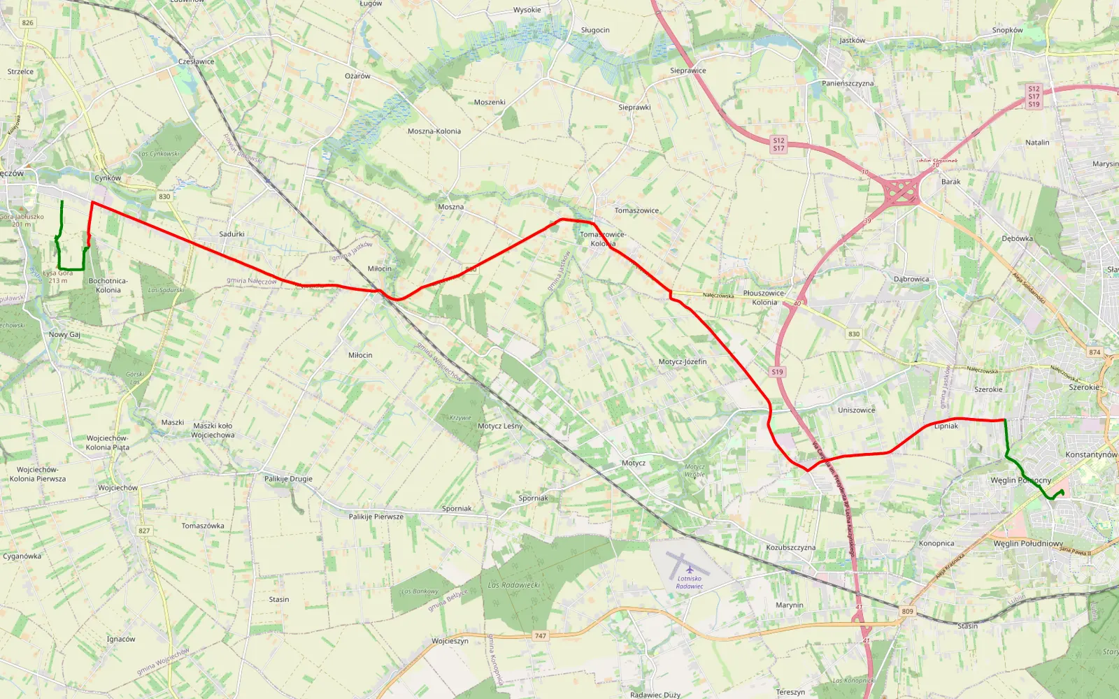 Mapa trasy Rury Wizytkowskie - Bochotnica - 23.8 km trasy offroad, Powiat Lubelski