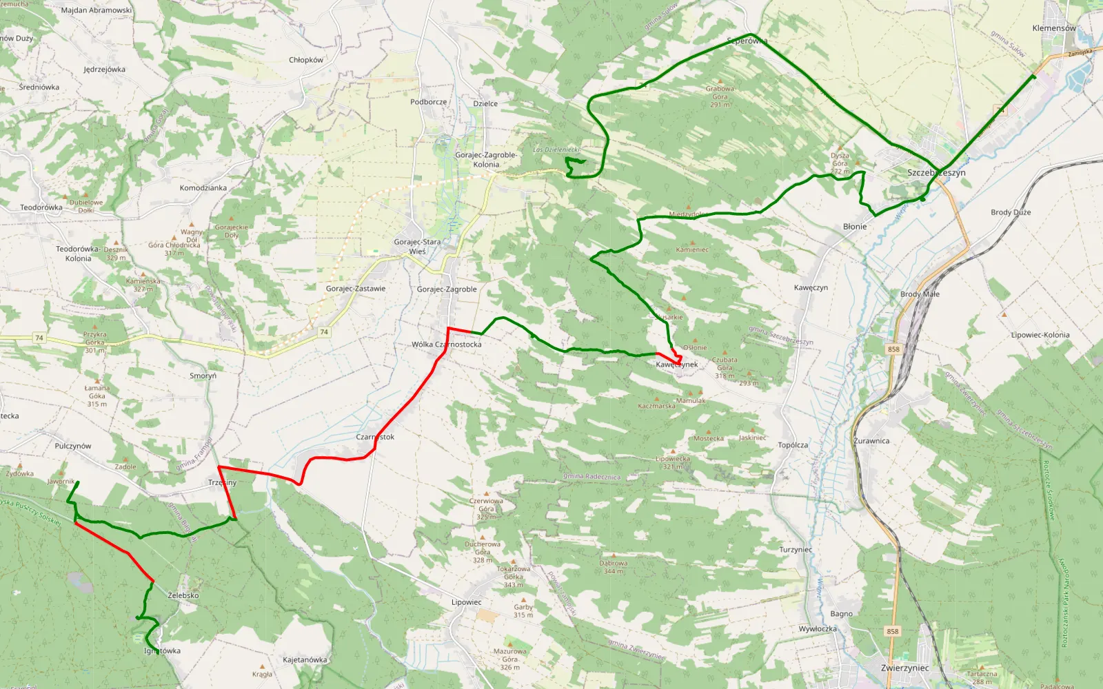 Map of Trasa szczebrzeszyn - 25.3 km offroad trail, Zamość County