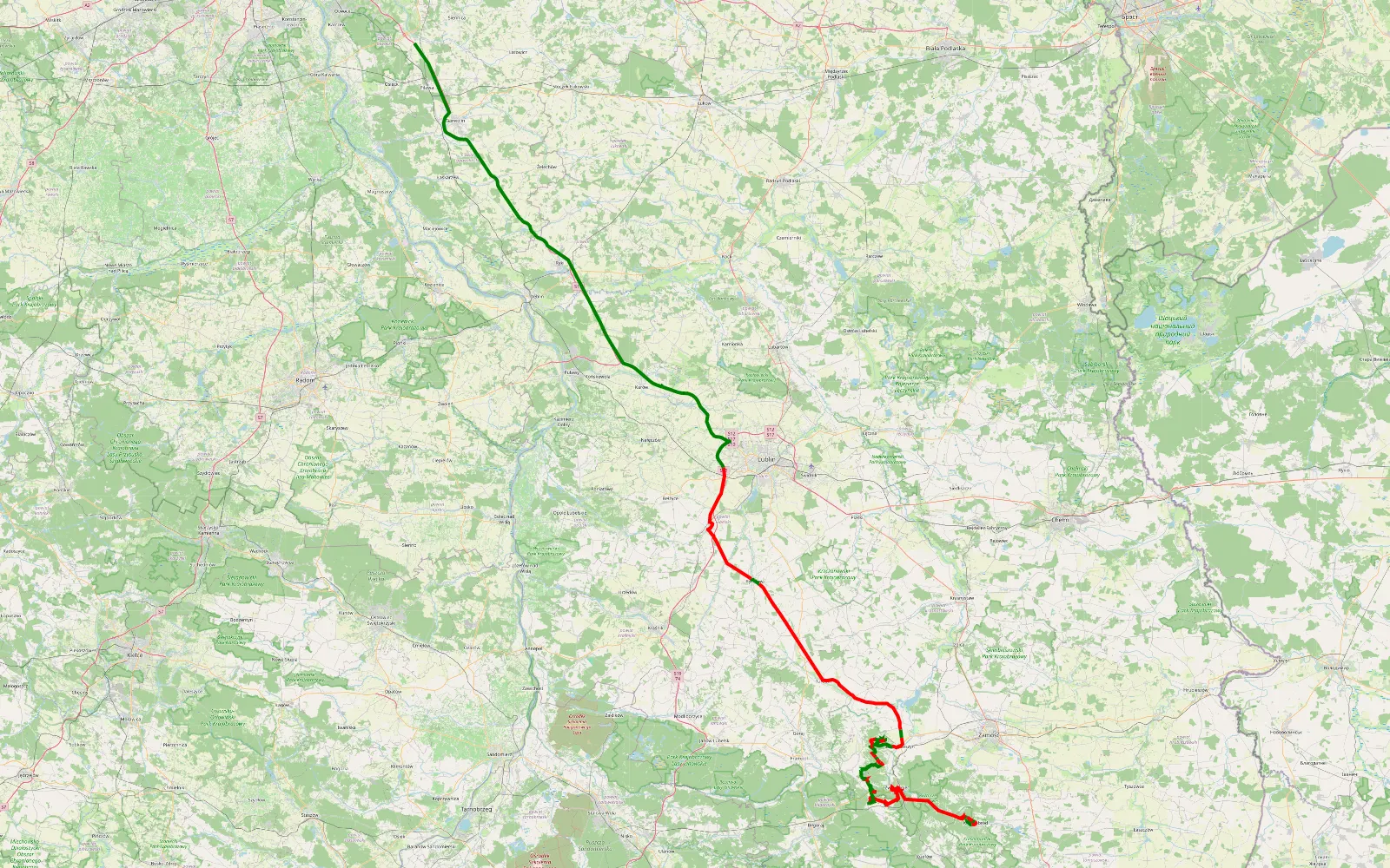 Map of Krasnobród - Gadka - 169.6 km offroad trail, Zamość County