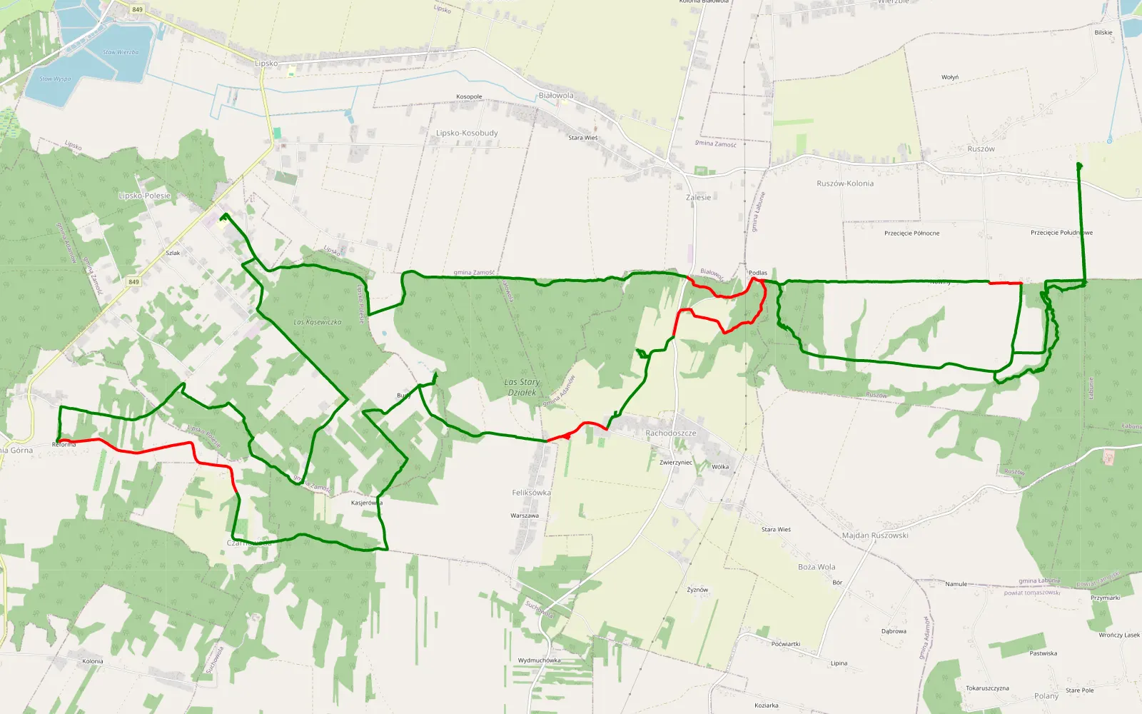 Mapa trasy Lipsko-Polesie - 39.6 km trasy offroad, Powiat Zamojski