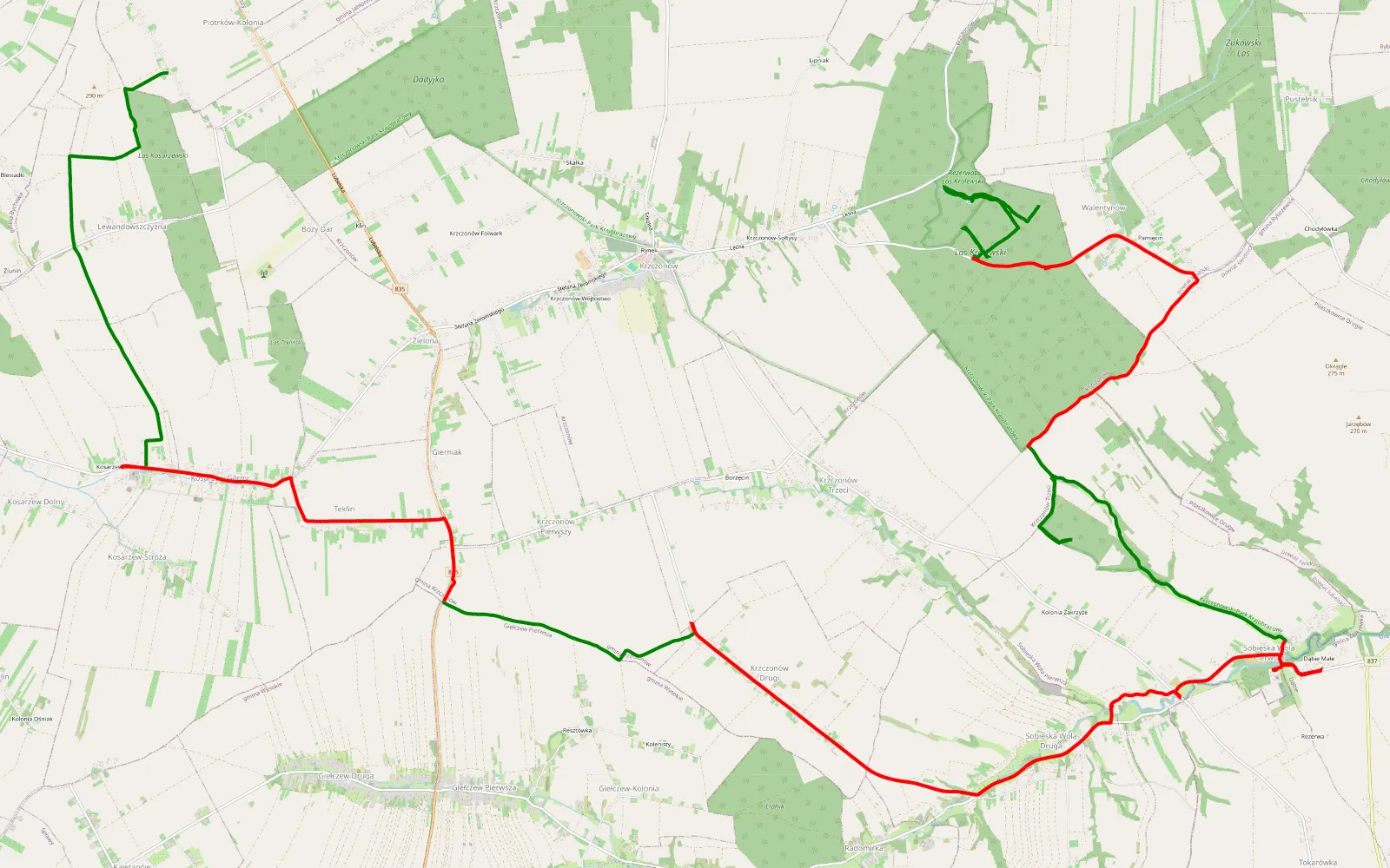 Mapa trasy Walentynów - Kolonja Piotrkow - 36.2 km trasy offroad, Powiat Lubelski