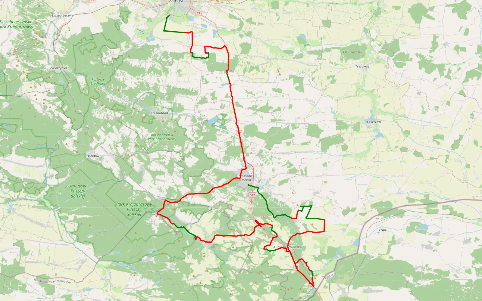 Map of Bieszczady - Czarna Górna - 148.3 km offroad trail, Tomaszów Lubelski County