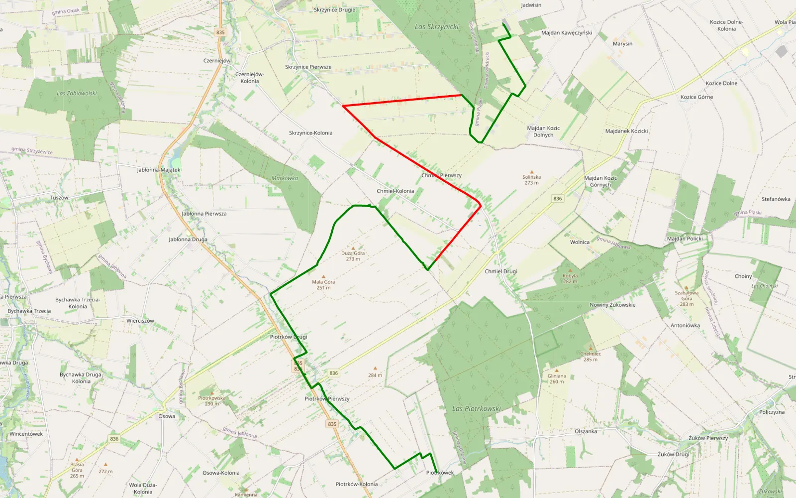 Mapa trasy Kolonia Klarzyn - Majdan Piotrków - 17.7 km trasy offroad, Powiat Lubelski