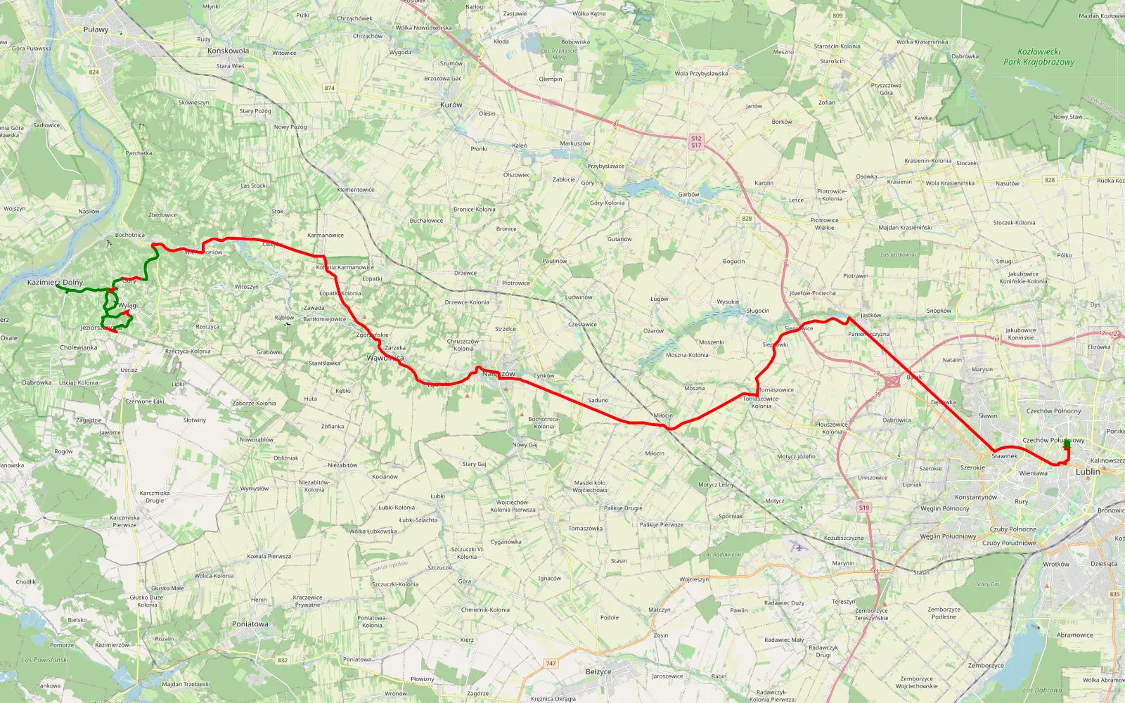 Mapa trasy Kazimierz Dolny - Czechów Południowy - 64.7 km trasy offroad, Powiat Puławski