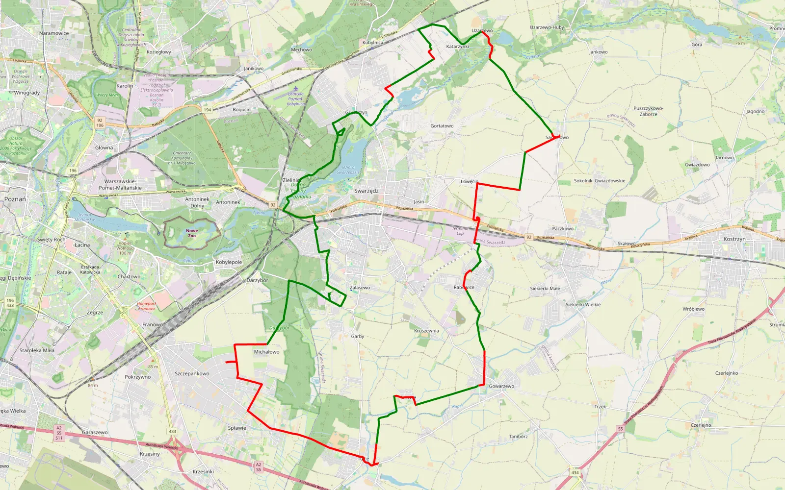 Mapa trasy Garby - 34.9 km trasy offroad, Powiat Poznański
