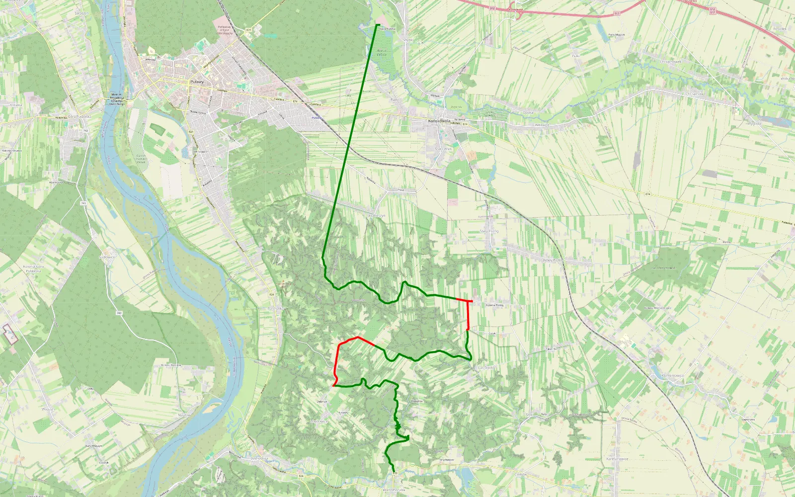 Mapa trasy Rudy - Wierzchoniów - 17 km trasy offroad, Powiat Puławski