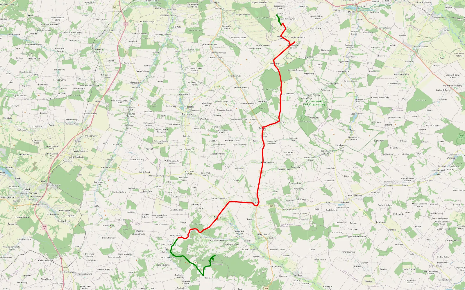 Mapa trasy Wólka Ponikiewska - Kolonia Klarzyn - 58.6 km trasy offroad, Powiat Lubelski