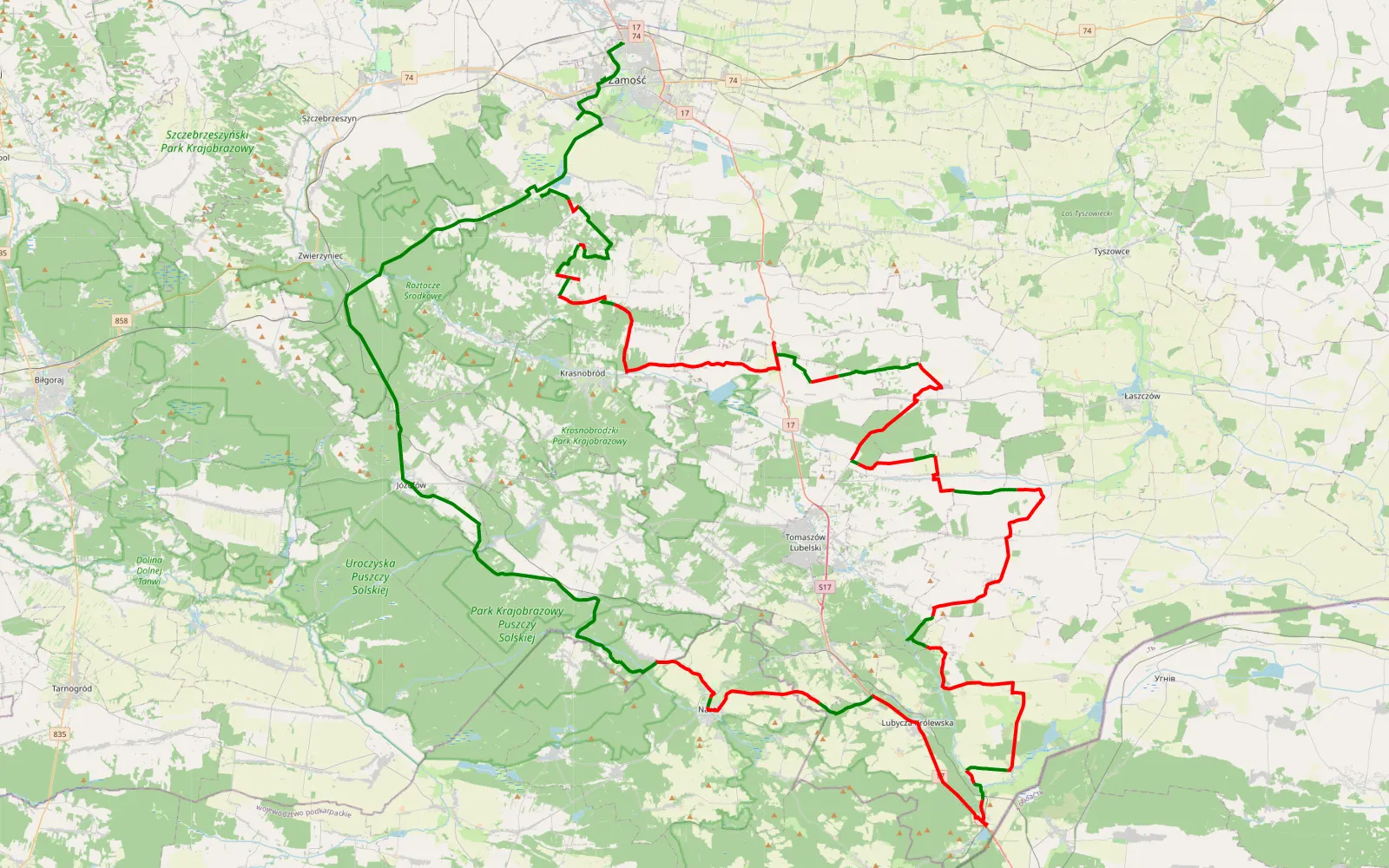 Map of Roztocze: Wieprzec - Budy - Jarczów - Lubycza Król. - Narol - Józefów - Wieprzec - 148.2 km offroad trail, Tomaszów Lubelski County