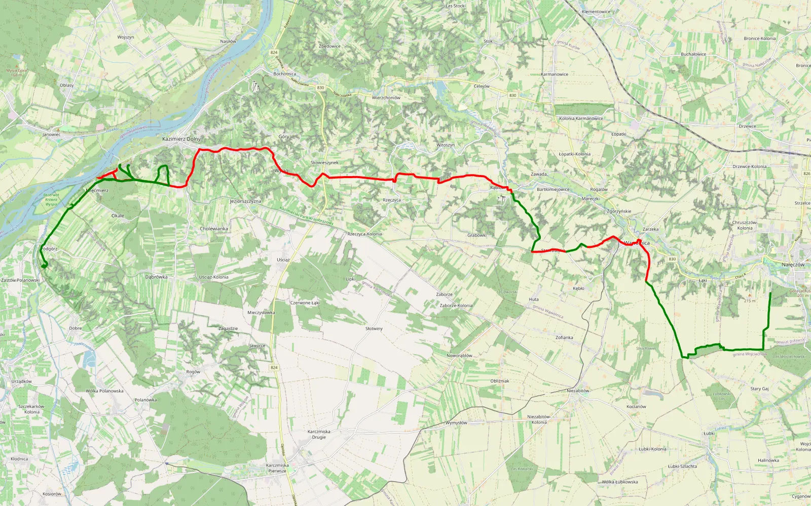 Mapa trasy Nałęczów - Kazimierz Dolny - 39.4 km trasy offroad, Powiat Puławski